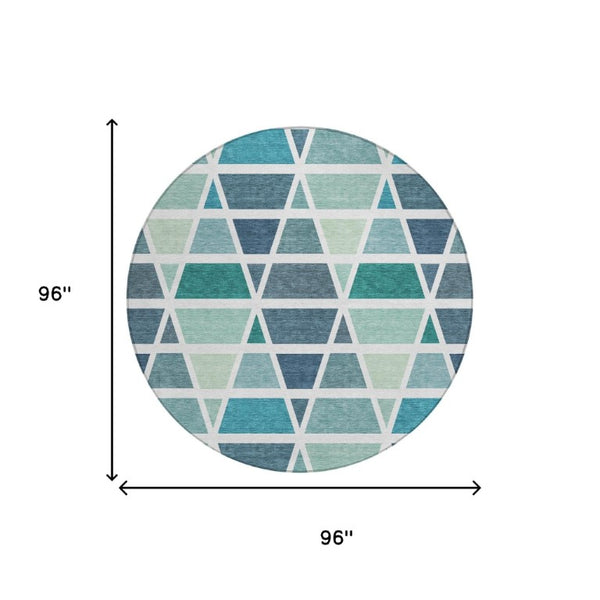 8 Ft Round Geometric Teal Polyester Rug Washable for Patio Porch or Family Room