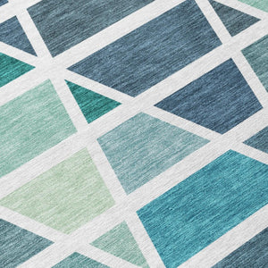 9x12 Teal Geometric Polyester Area Rug Washable Stain Resistant for Patio or Living Room