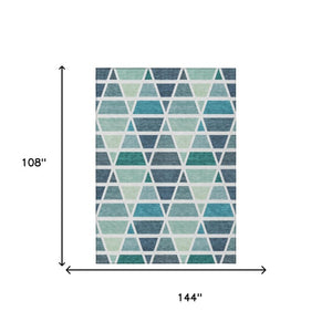 9x12 Teal Geometric Polyester Area Rug Washable Stain Resistant for Patio or Living Room