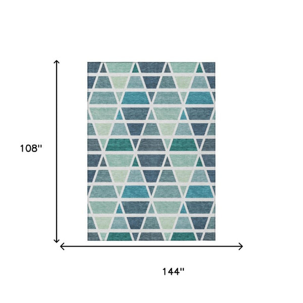 9x12 Teal Geometric Polyester Area Rug Washable Stain Resistant for Patio or Living Room