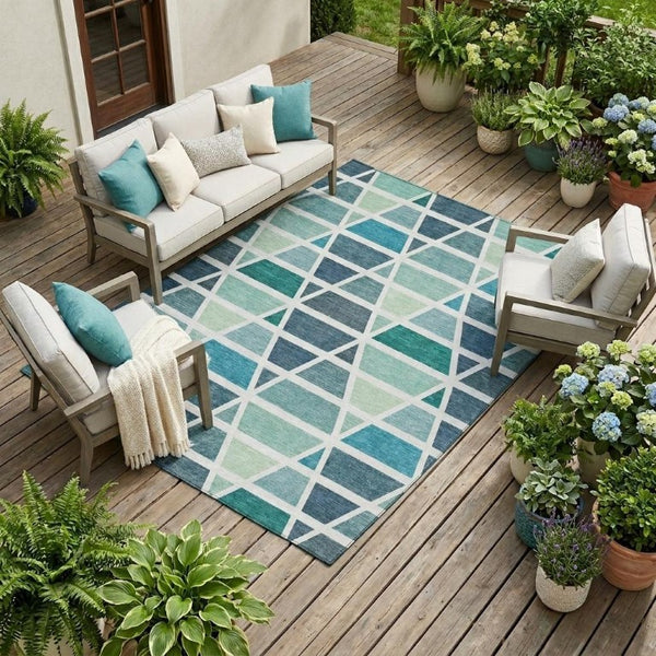 10 X 14 Geometric Teal Washable Polyester Rug for Indoor Outdoor Patios
