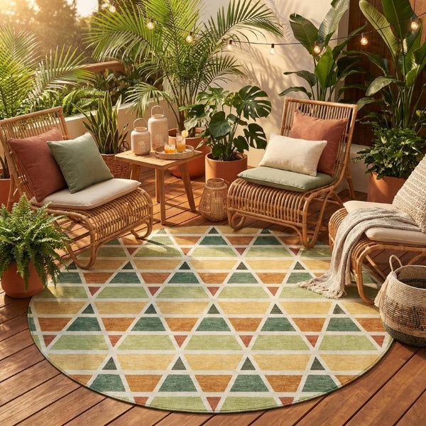 8 Ft Round Geometric Polyester Area Rug Washable Indoor Outdoor Patio Fern Green