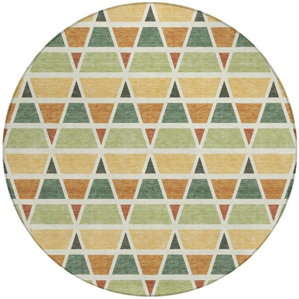 8 Ft Round Geometric Polyester Area Rug Washable Indoor Outdoor Patio Fern Green