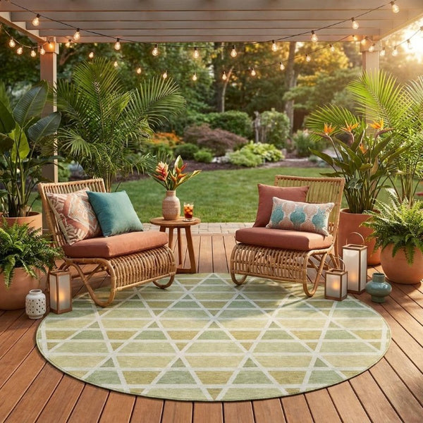 8 Ft Round Geometric Polyester Area Rug Sage Green Washable for Patio or Kitchen
