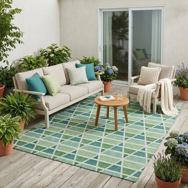 5x8 Teal Green Geometric Polyester Area Rug Washable Stain Resistant Indoor Outdoor