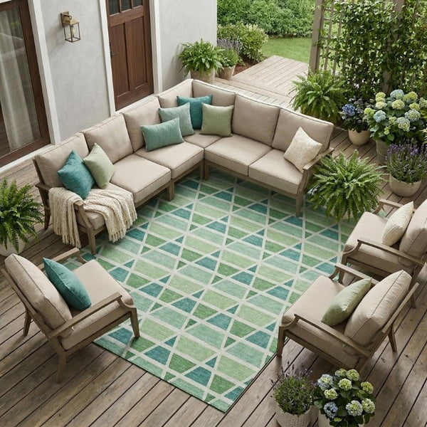 10 X 14 Teal Green Geometric Polyester Area Rug Washable Stain Resistant Patio