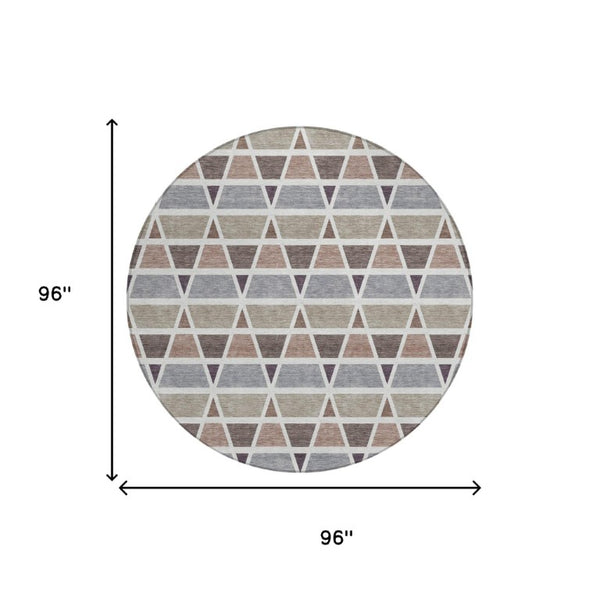 8 Ft Round Geometric Polyester Area Rug Washable Taupe Brown Patio or Family Room