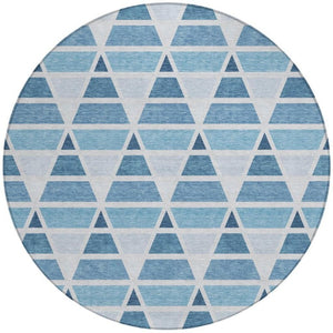 8 Foot Round Geometric Polyester Area Rug Washable Blue Silver Indoor Outdoor