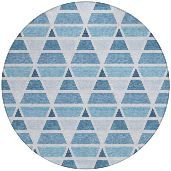 8 Foot Round Geometric Polyester Area Rug Washable Blue Silver Indoor Outdoor