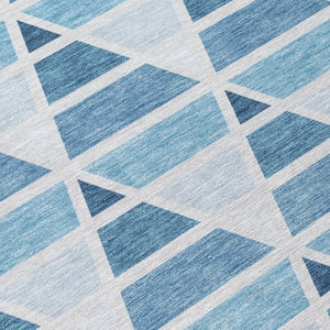 8 Foot Round Geometric Polyester Area Rug Washable Blue Silver Indoor Outdoor