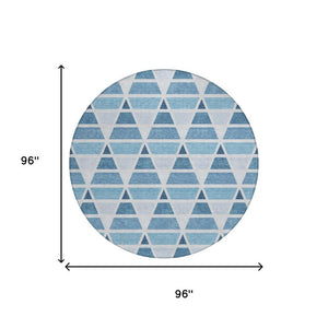 8 Foot Round Geometric Polyester Area Rug Washable Blue Silver Indoor Outdoor