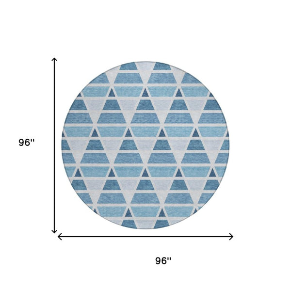8 Foot Round Geometric Polyester Area Rug Washable Blue Silver Indoor Outdoor