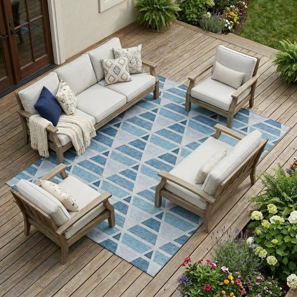 8 Ft X 10 Ft Blue Silver Geometric Polyester Indoor Outdoor Washable Area Rug