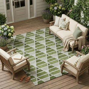 9 X 12 Geometric Fern Green Polyester Area Rug Washable for Indoor Outdoor Use