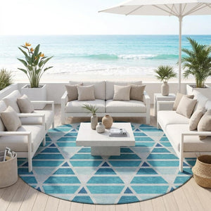 8 Foot Round Geometric Teal Polyester Area Rug Washable for Patio or Family Room