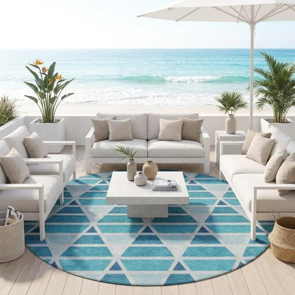 8 Foot Round Geometric Teal Polyester Area Rug Washable for Patio or Family Room