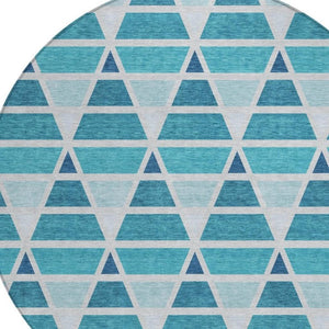 8 Foot Round Geometric Teal Polyester Area Rug Washable for Patio or Family Room