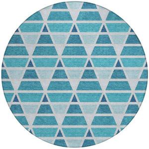 8 Foot Round Geometric Teal Polyester Area Rug Washable for Patio or Family Room