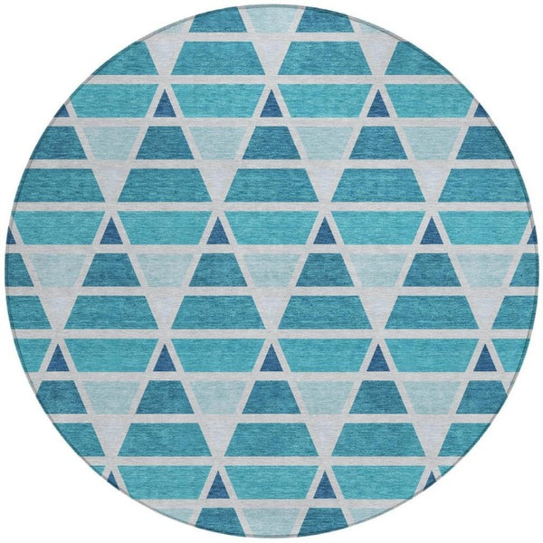 8 Foot Round Geometric Teal Polyester Area Rug Washable for Patio or Family Room