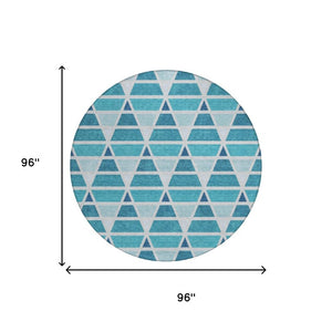 8 Foot Round Geometric Teal Polyester Area Rug Washable for Patio or Family Room