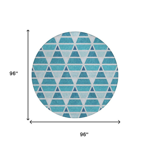 8 Foot Round Geometric Teal Polyester Area Rug Washable for Patio or Family Room