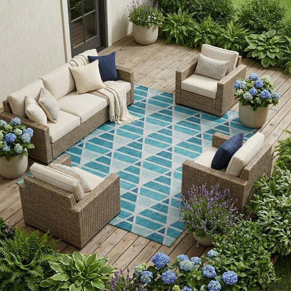 8x10 Teal Turquoise Geometric Polyester Area Rug Stain Resistant Indoor Outdoor