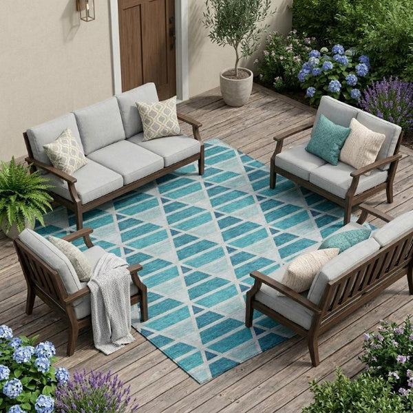 9 X 12 Teal Turquoise Geometric Polyester Area Rug Stain Resistant Indoor Outdoor