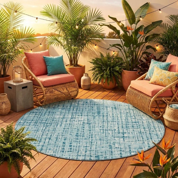 8 Ft Round Aqua Teal Abstract Polyester Rug Washable for Indoor Outdoor Spaces
