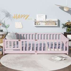 English Elm Full Size Rubberwood Floor Bed with Safety Guardrails and Latching Door for Toddlers Pink W504P429304