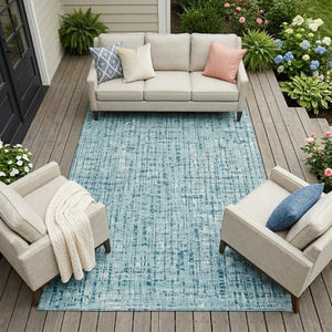 8 X 10 Aqua Teal Abstract Polyester Area Rug Washable for Patio Porch or Living Room