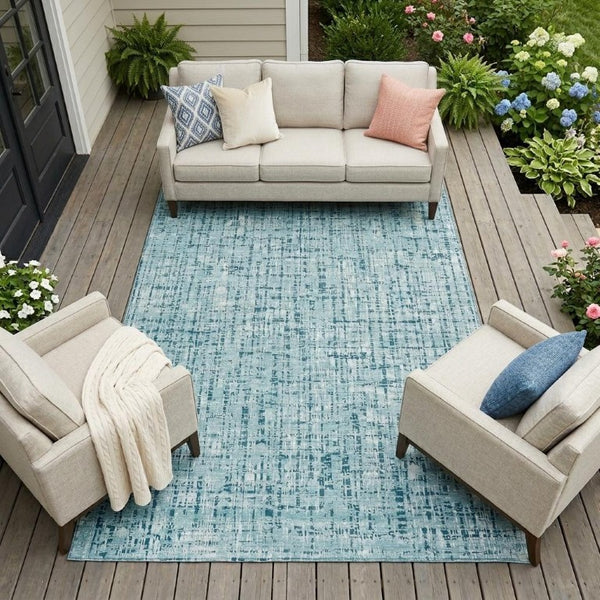 8 X 10 Aqua Teal Abstract Polyester Area Rug Washable for Patio Porch or Living Room