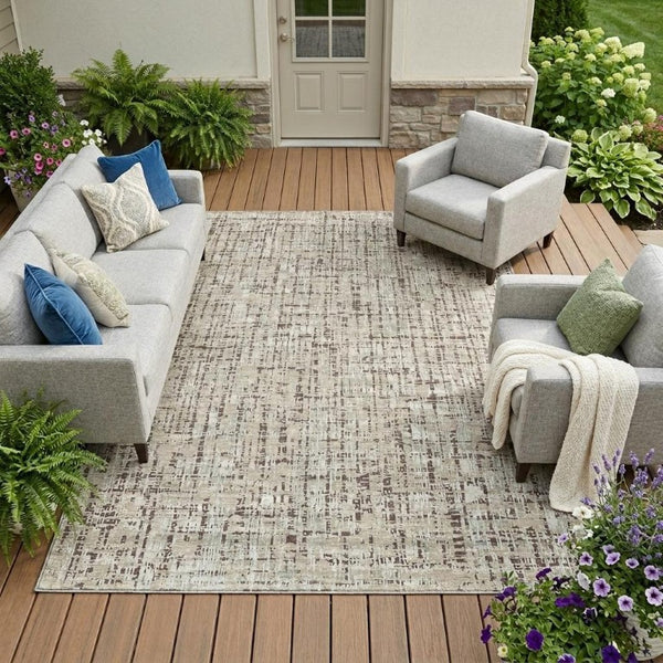 9x12 Abstract Polyester Area Rug Washable Stain Resistant Indoor Outdoor Beige Brown