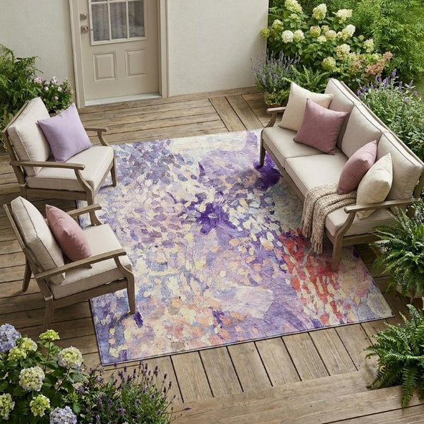 10 X 14 Abstract Purple Polyester Area Rug Washable for Indoor Outdoor Use