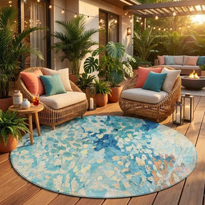 8 Foot Round Abstract Polyester Area Rug Washable Teal Aqua Indoor Outdoor Use