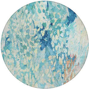 HomeRoots 8 Foot Round Abstract Polyester Area Rug Washable Teal Aqua Indoor Outdoor Use 739585
