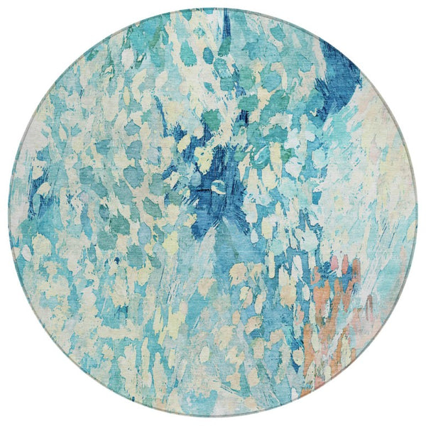 8 Foot Round Abstract Polyester Area Rug Washable Teal Aqua Indoor Outdoor Use