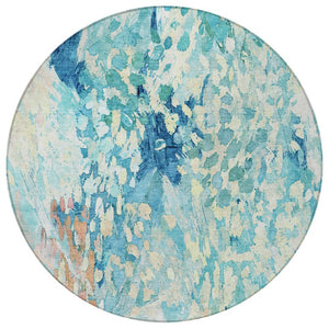 8 Foot Round Abstract Polyester Area Rug Washable Teal Aqua Indoor Outdoor Use