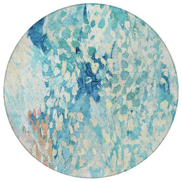 8 Foot Round Abstract Polyester Area Rug Washable Teal Aqua Indoor Outdoor Use