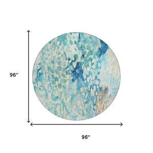8 Foot Round Abstract Polyester Area Rug Washable Teal Aqua Indoor Outdoor Use