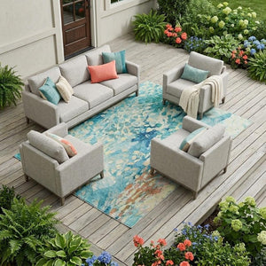 9 X 12 Teal Aqua Abstract Polyester Area Rug Washable for Patio or Living Room