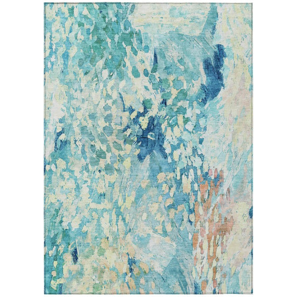 HomeRoots 9 X 12 Teal Aqua Abstract Polyester Area Rug Washable for Patio or Living Room 739587