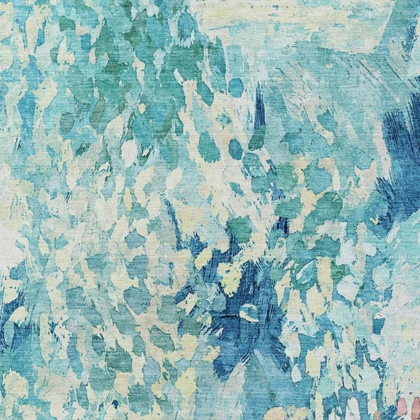 9 X 12 Teal Aqua Abstract Polyester Area Rug Washable for Patio or Living Room