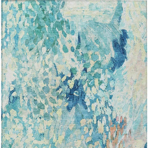 9 X 12 Teal Aqua Abstract Polyester Area Rug Washable for Patio or Living Room