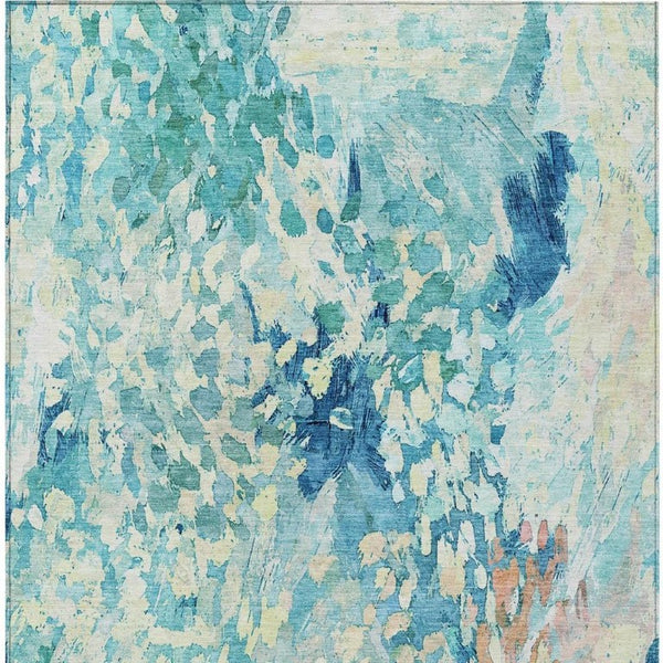 9 X 12 Teal Aqua Abstract Polyester Area Rug Washable for Patio or Living Room