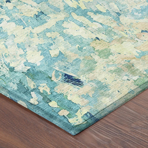9 X 12 Teal Aqua Abstract Polyester Area Rug Washable for Patio or Living Room