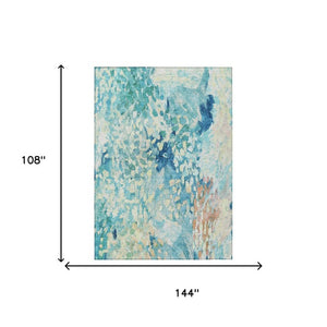 9 X 12 Teal Aqua Abstract Polyester Area Rug Washable for Patio or Living Room