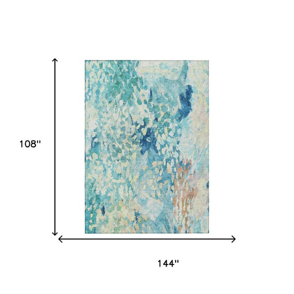9 X 12 Teal Aqua Abstract Polyester Area Rug Washable for Patio or Living Room