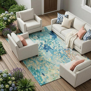 10 X 14 Abstract Teal Polyester Area Rug Washable Stain Resistant for Patio