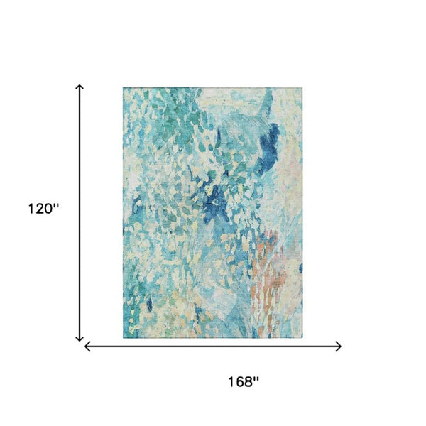 10 X 14 Abstract Teal Polyester Area Rug Washable Stain Resistant for Patio