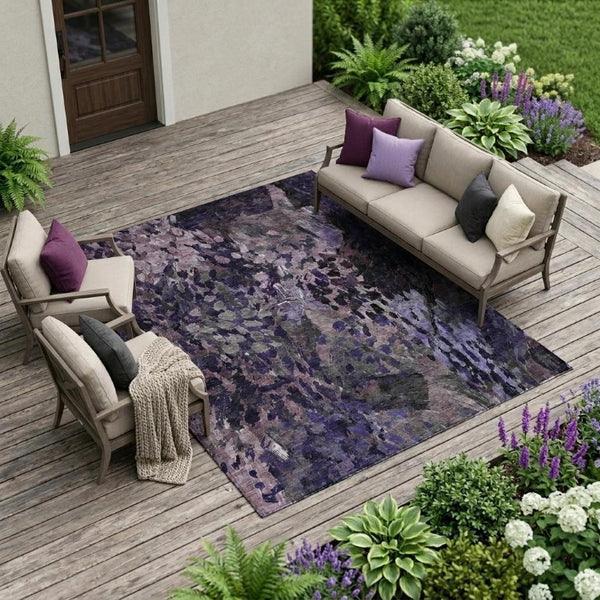 9 X 12 Abstract Purple Polyester Area Rug Washable Stain Resistant Patio Porch